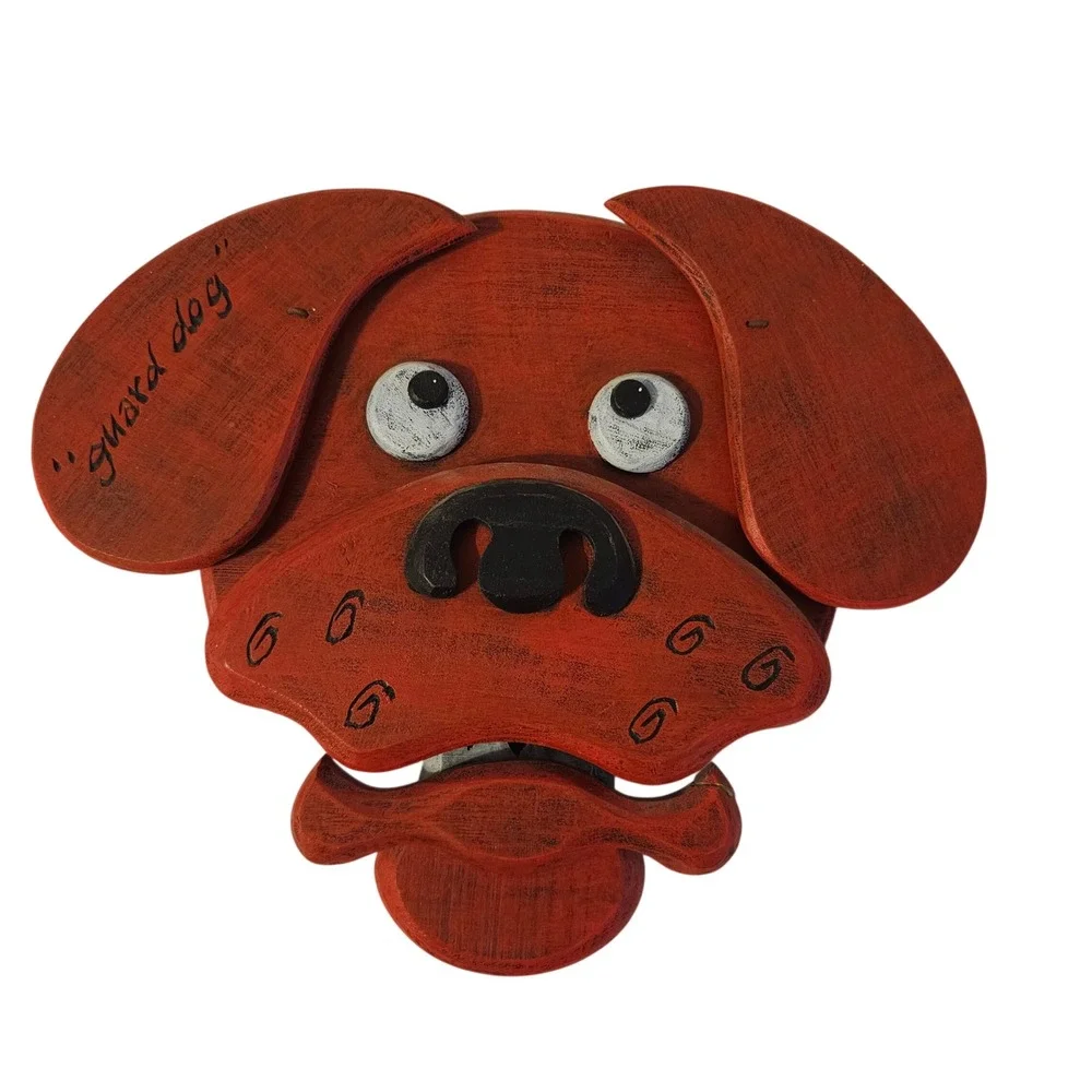 Rare Folk art wooden Guard Dog Wall Decor Red Whimsical Rustic Mouth Open Teeth